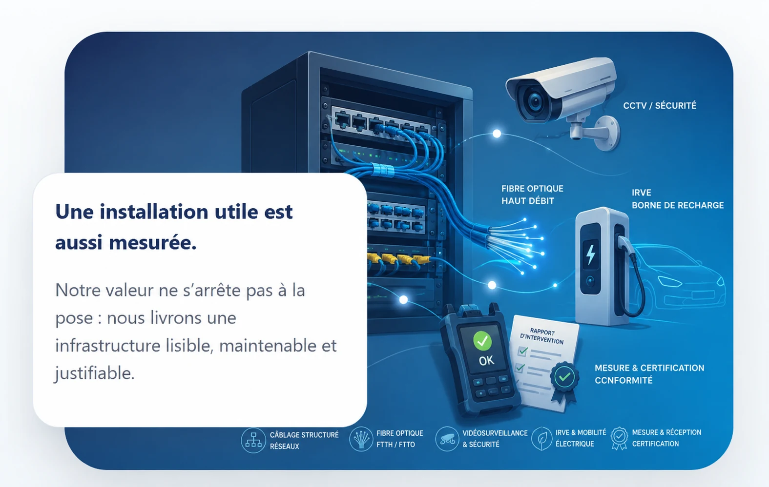 Illustration synthétique des métiers CABLOFIBRES : réseaux, fibre optique, vidéosurveillance, IRVE et certification